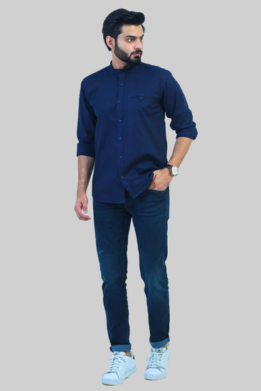 Bluebird Men's Navy Blue Mandarin Collar Casual Shirt - Veshbhoshaa