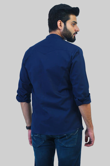 Bluebird Men's Navy Blue Mandarin Collar Casual Shirt - Veshbhoshaa