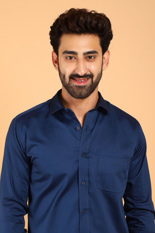 Bluebird Men's Navy Premium Satin Shirt - Veshbhoshaa