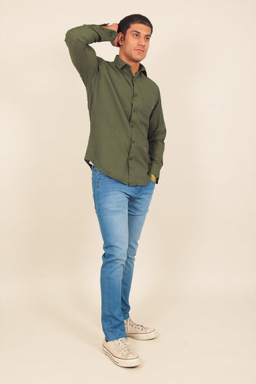 Bluebird Men's Olive Knitted Plain Shirt - Veshbhoshaa