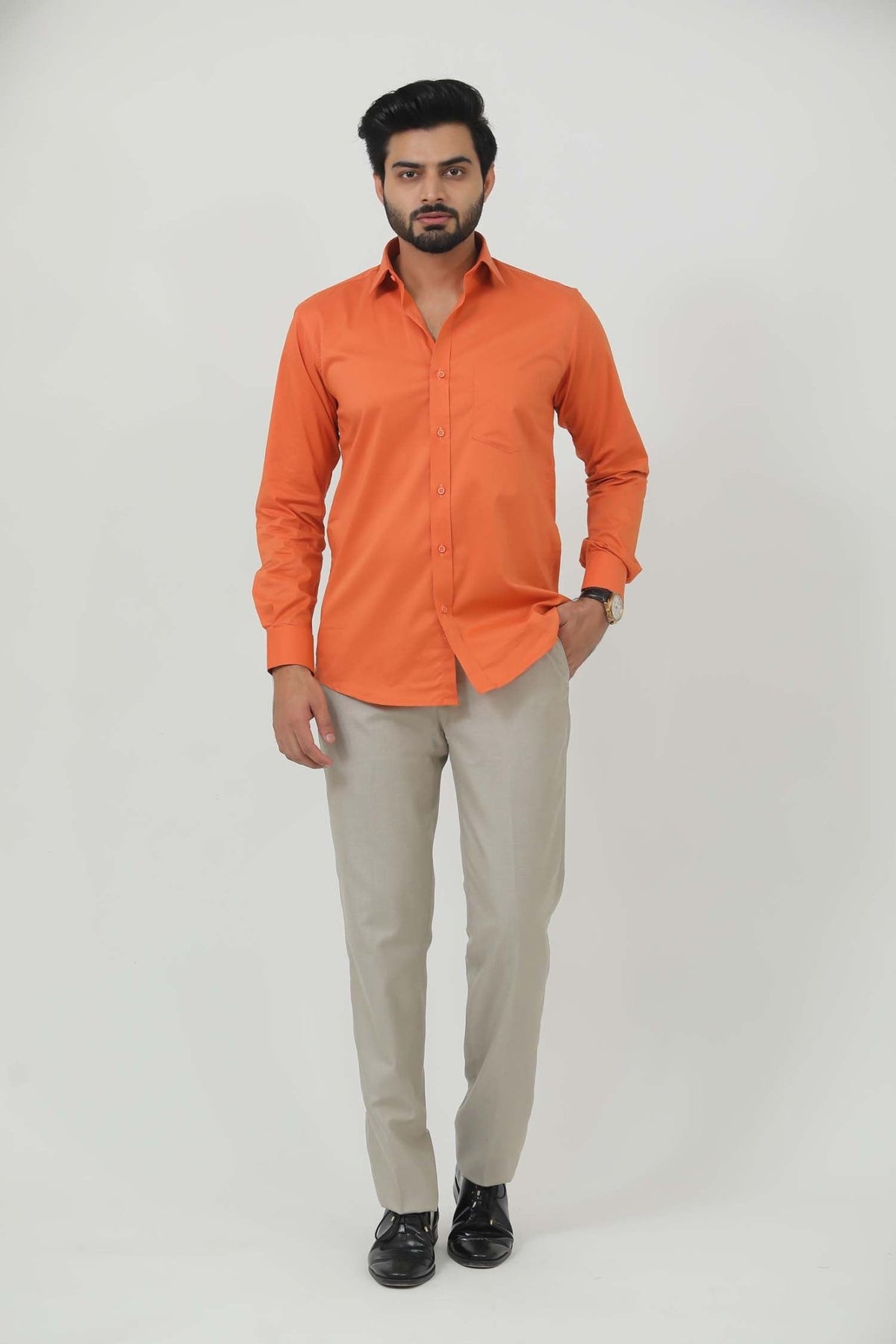 Bluebird Men's Orange Cotton Lycra Formal Shirt - Veshbhoshaa