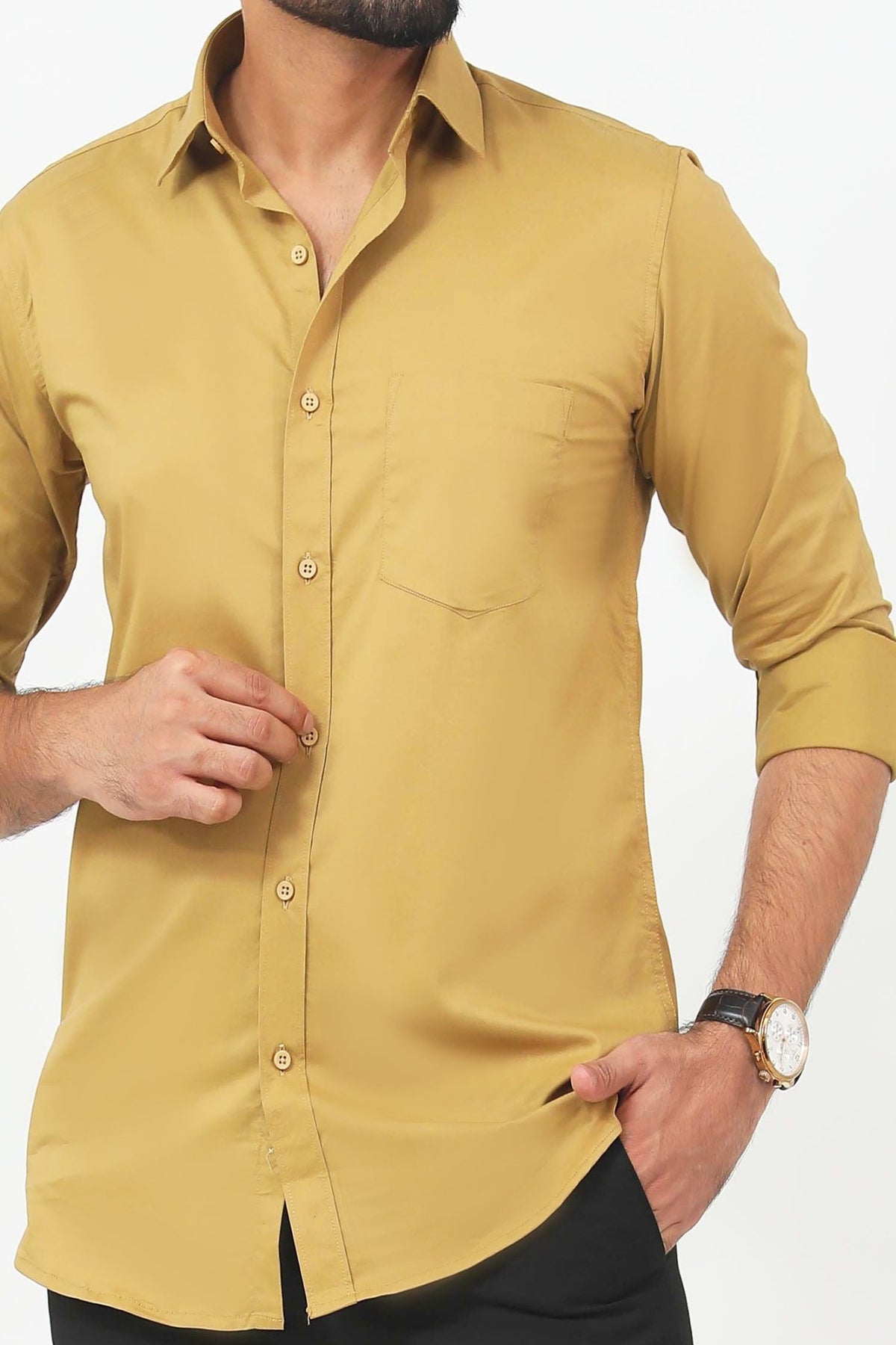 Bluebird Men's Sand Colour Cotton Lycra Formal Shirt - Veshbhoshaa