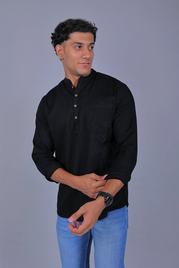 Bluebird Men's Short Kurta in Black - 100% Pure Cotton - Veshbhoshaa