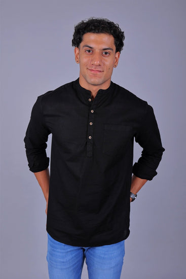 Bluebird Men's Short Kurta in Black - 100% Pure Cotton - Veshbhoshaa