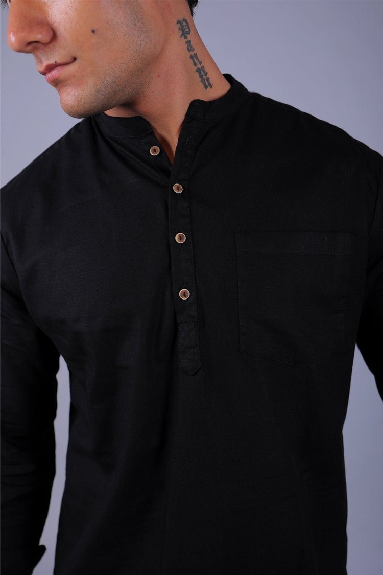 Bluebird Men's Short Kurta in Black - 100% Pure Cotton - Veshbhoshaa