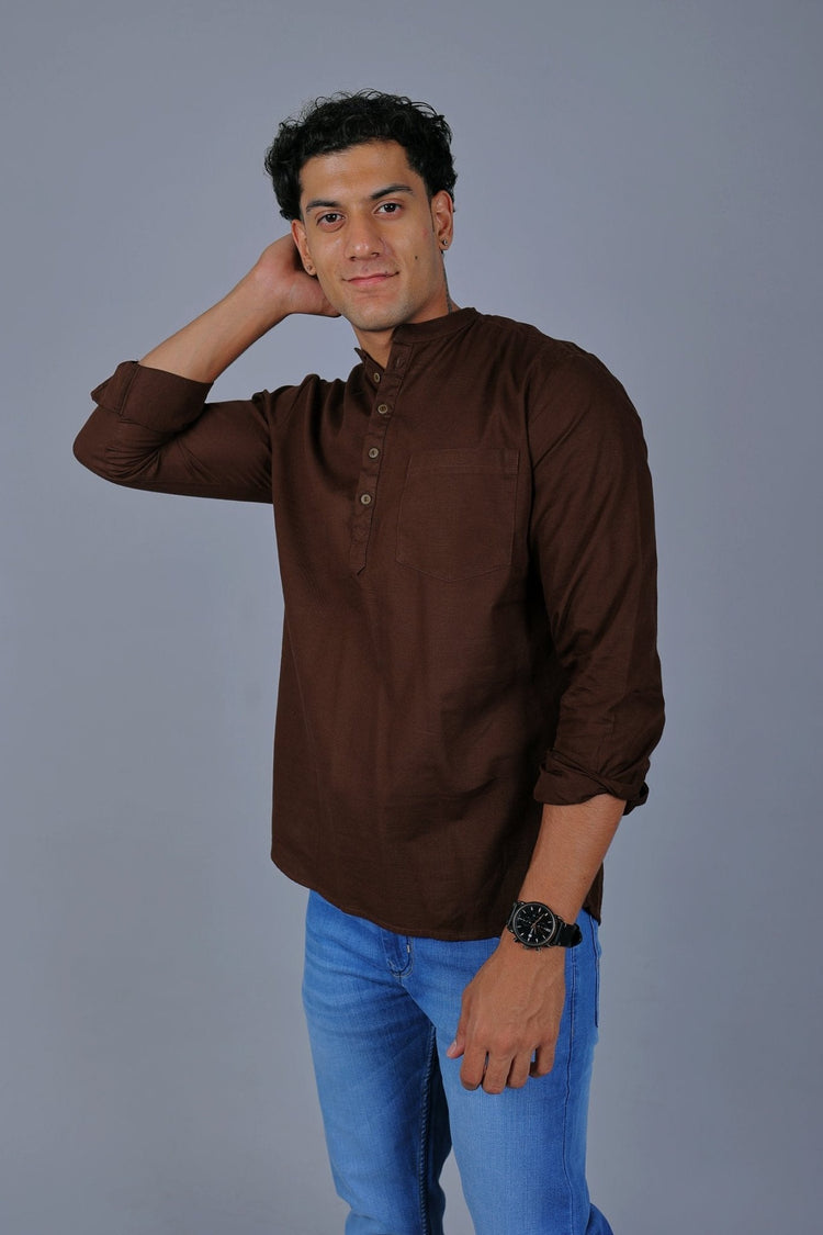 Bluebird Men's Short Kurta in Brown - 100% Pure Cotton - Veshbhoshaa