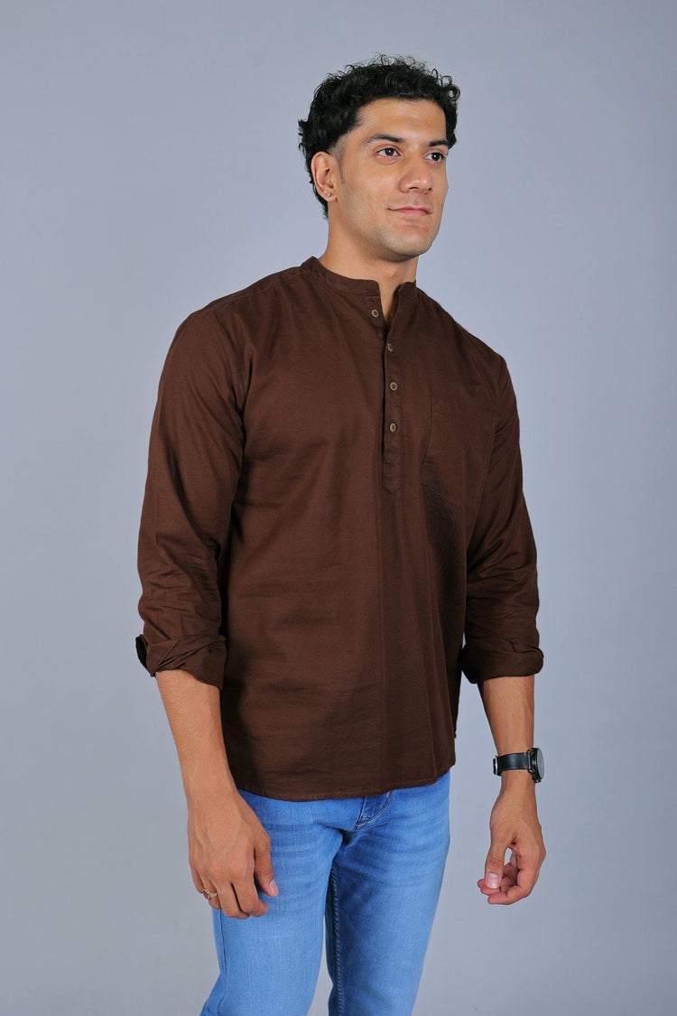 Bluebird Men's Short Kurta in Brown - 100% Pure Cotton - Veshbhoshaa