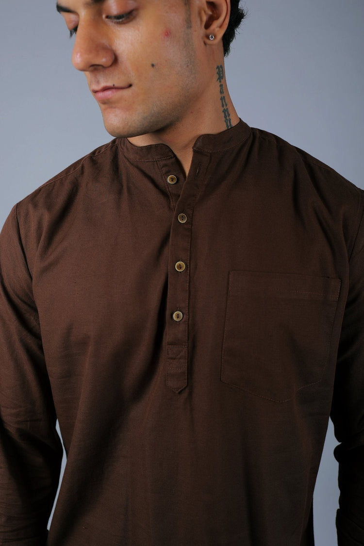 Bluebird Men's Short Kurta in Brown - 100% Pure Cotton - Veshbhoshaa