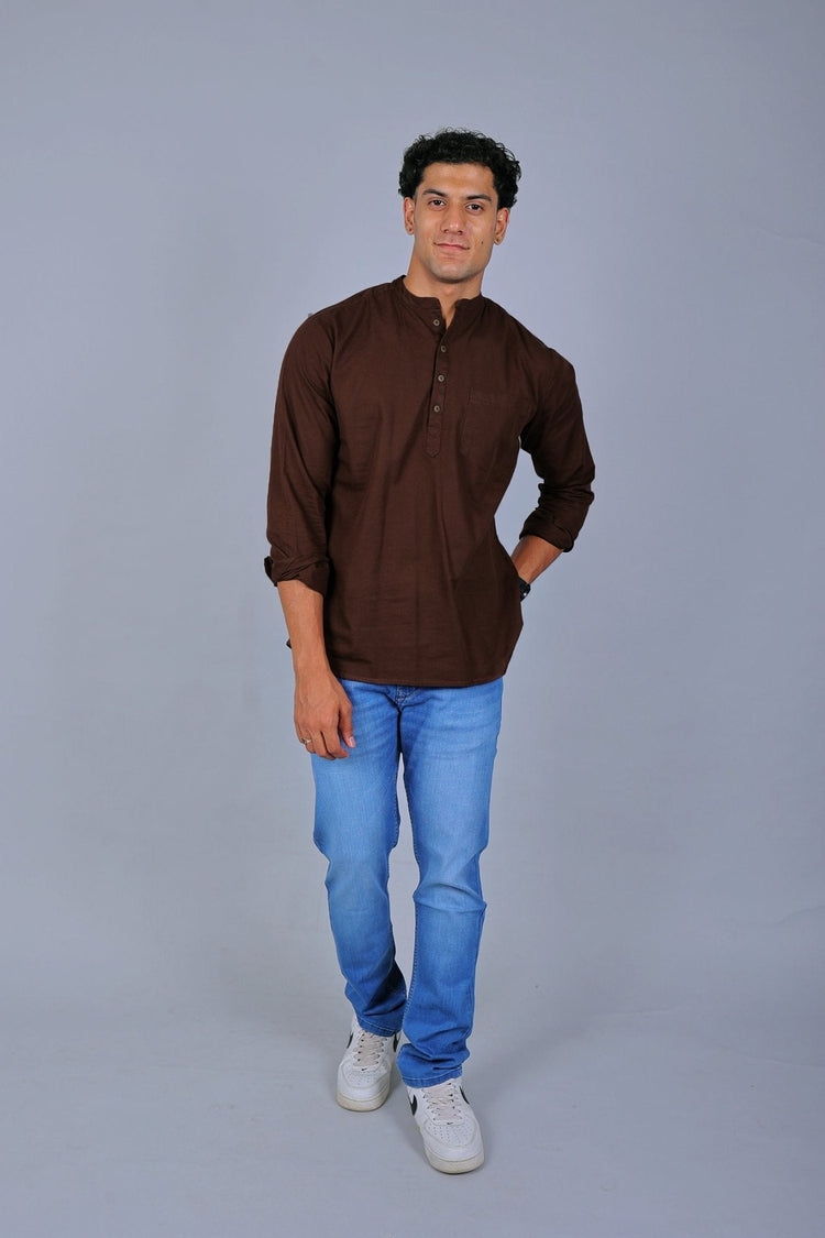 Bluebird Men's Short Kurta in Brown - 100% Pure Cotton - Veshbhoshaa