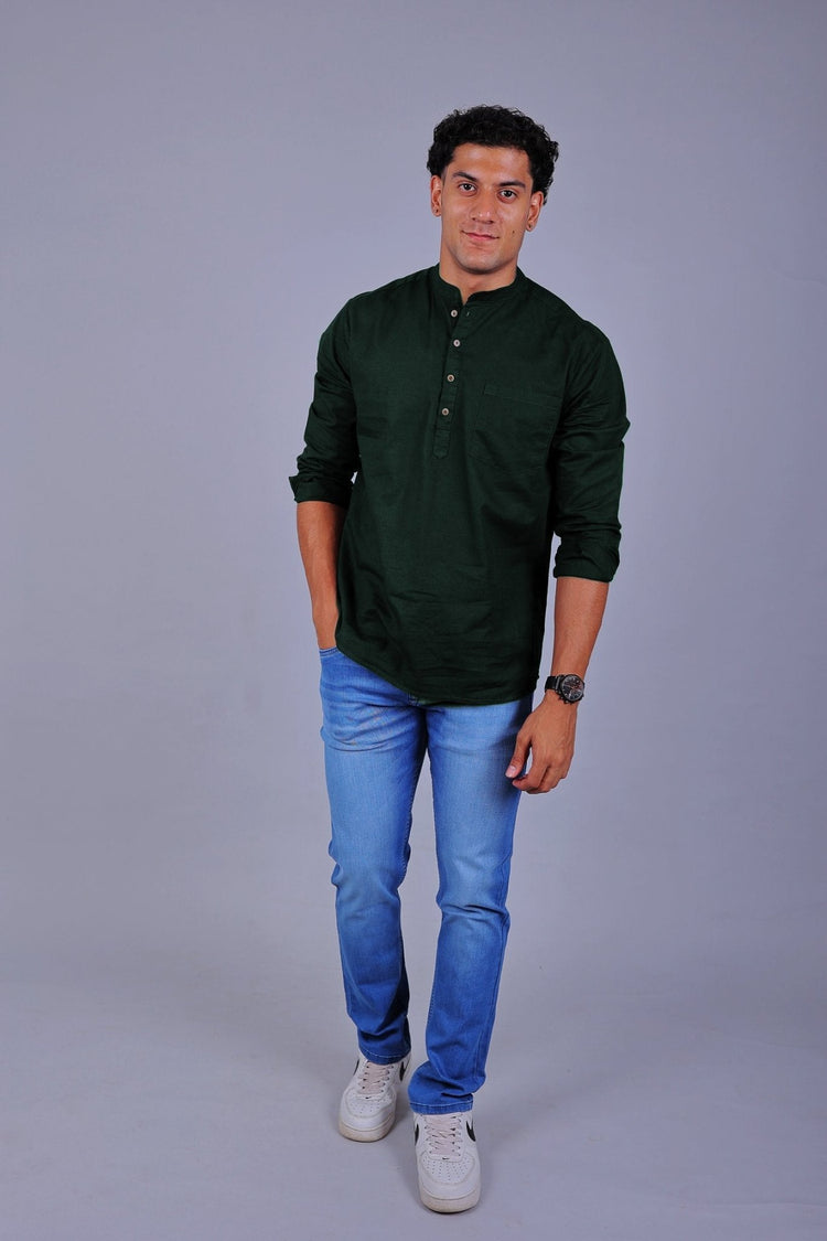 Bluebird Men's Short Kurta in Dark Green - 100% Pure Cotton - Veshbhoshaa