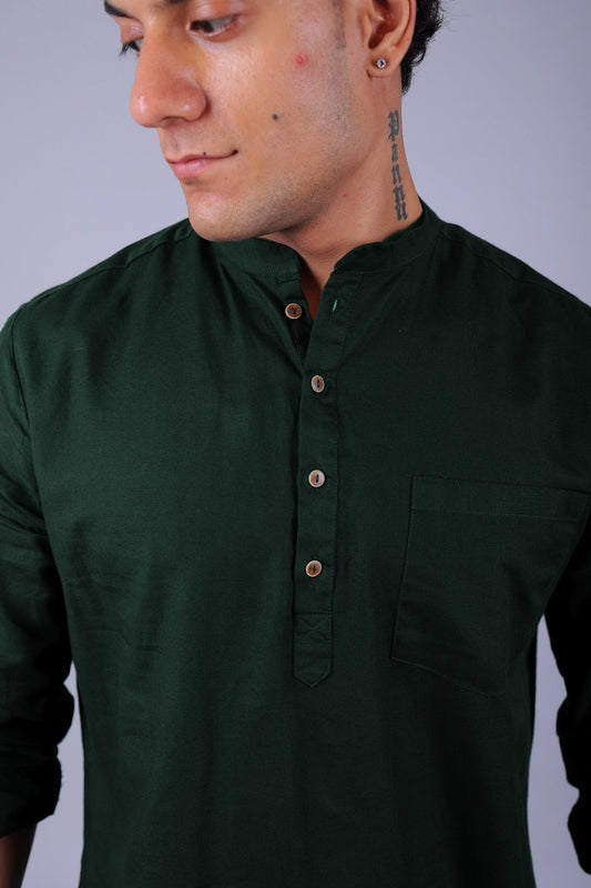 Bluebird Men's Short Kurta in Dark Green - 100% Pure Cotton - Veshbhoshaa