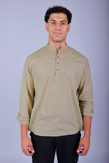 Bluebird Men's Short Kurta in Khaki - 100% Pure Cotton - Veshbhoshaa