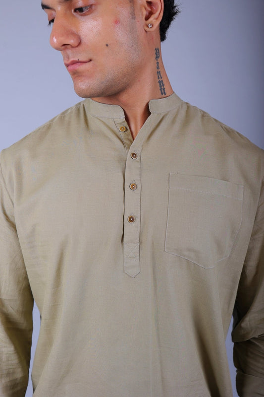 Bluebird Men's Short Kurta in Khaki - 100% Pure Cotton - Veshbhoshaa