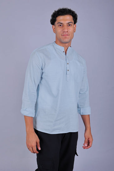 Bluebird Men's Short Kurta in Sky Blue - 100% Pure Cotton - Veshbhoshaa