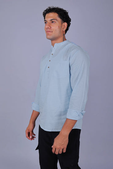 Bluebird Men's Short Kurta in Sky Blue - 100% Pure Cotton - Veshbhoshaa