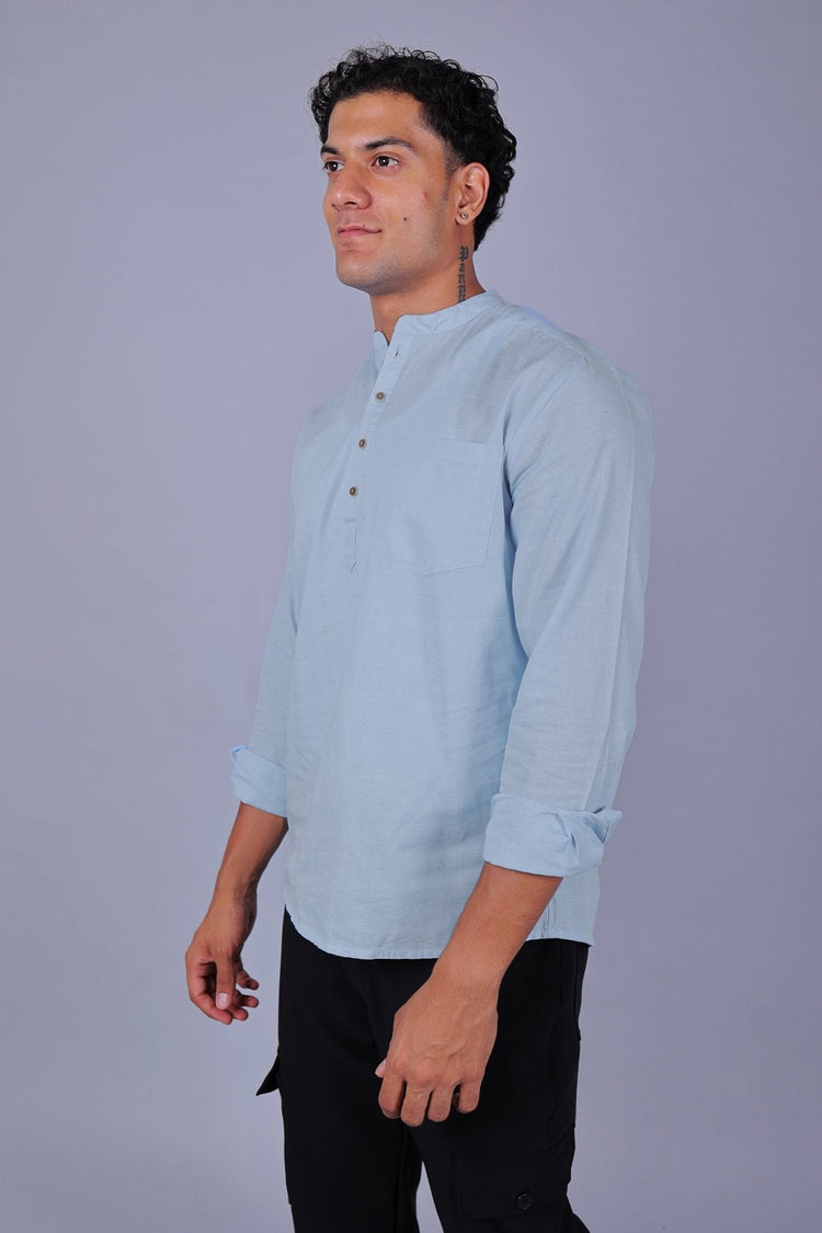 Bluebird Men's Short Kurta in Sky Blue - 100% Pure Cotton - Veshbhoshaa