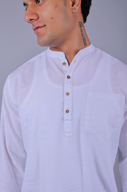 Bluebird Men's Short Kurta in White - 100% Pure Cotton - Veshbhoshaa