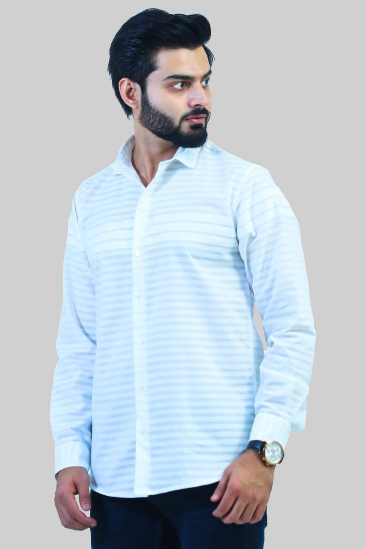 Bluebird Men's White Horizontal Striped Casual Shirt - Veshbhoshaa