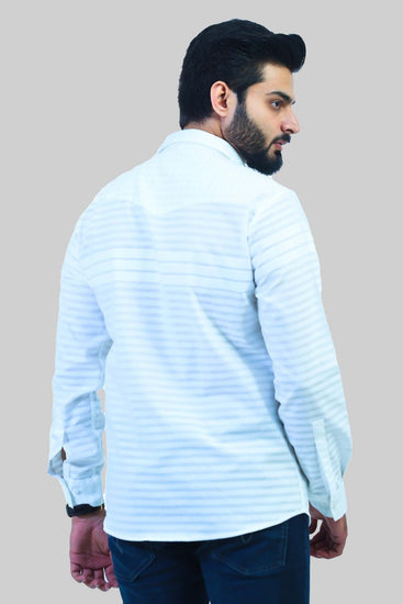 Bluebird Men's White Horizontal Striped Casual Shirt - Veshbhoshaa