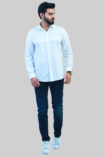 Bluebird Men's White Horizontal Striped Casual Shirt - Veshbhoshaa