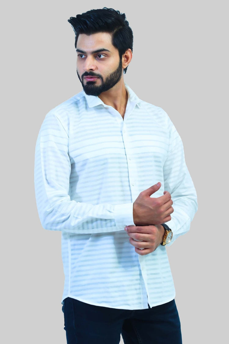 Bluebird Men's White Horizontal Striped Casual Shirt - Veshbhoshaa