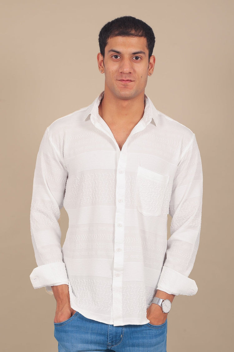 Bluebird Men's White Knitted Jacquard Shirt - Veshbhoshaa