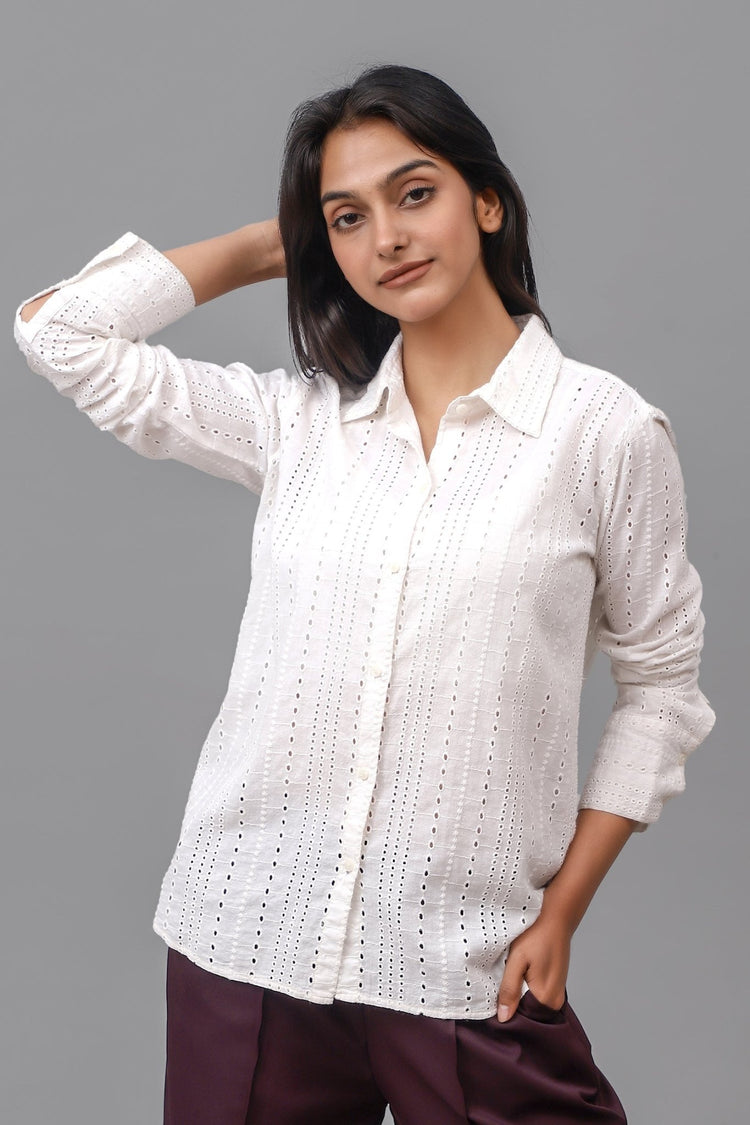 Bluebird Women Cotton Schiffli Shirt - White - Veshbhoshaa