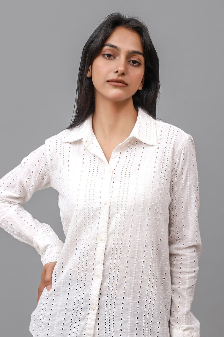 Bluebird Women Cotton Schiffli Shirt - White - Veshbhoshaa