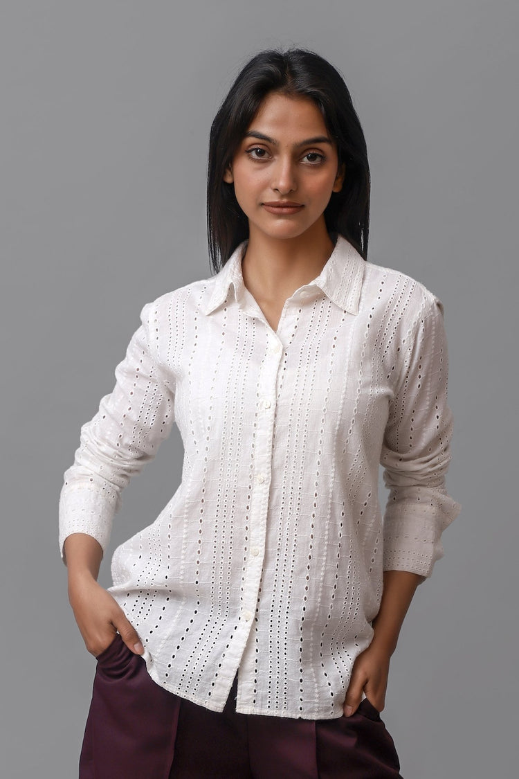 Bluebird Women Cotton Schiffli Shirt - White - Veshbhoshaa