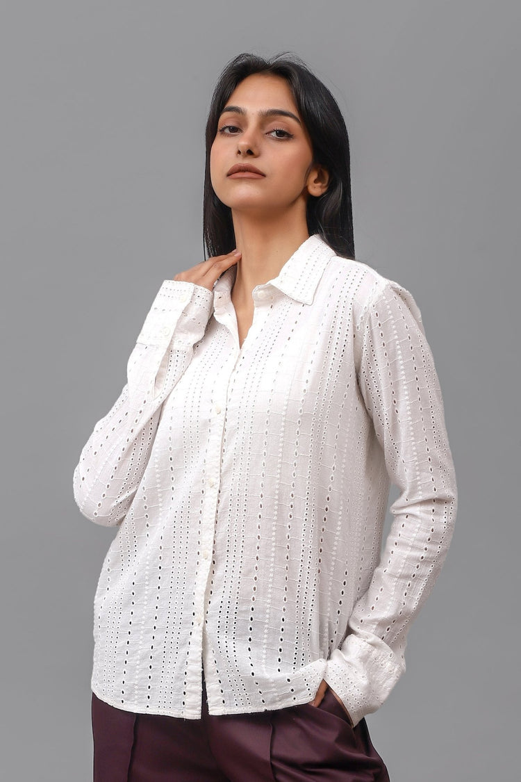 Bluebird Women Cotton Schiffli Shirt - White - Veshbhoshaa