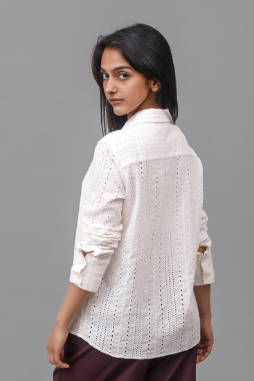 Bluebird Women Cotton Schiffli Shirt - White - Veshbhoshaa