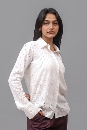 Bluebird Women Cotton Schiffli Shirt - White - Veshbhoshaa