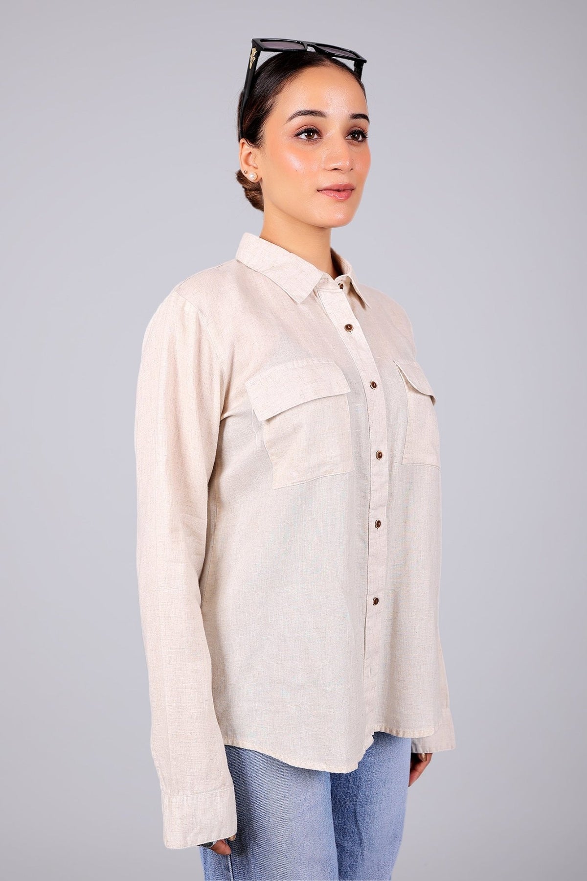 BLUEBIRD Women's Beige Linen Shirt - Veshbhoshaa