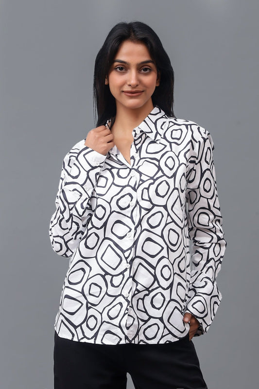 Bluebird Women's Black And White Printed Satin Shirt - Veshbhoshaa