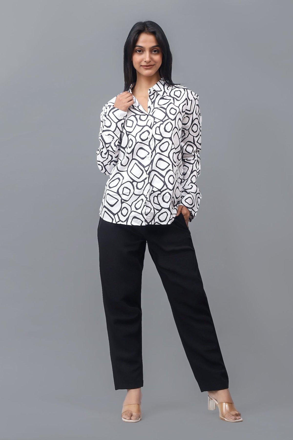 Bluebird Women's Black And White Printed Satin Shirt - Veshbhoshaa