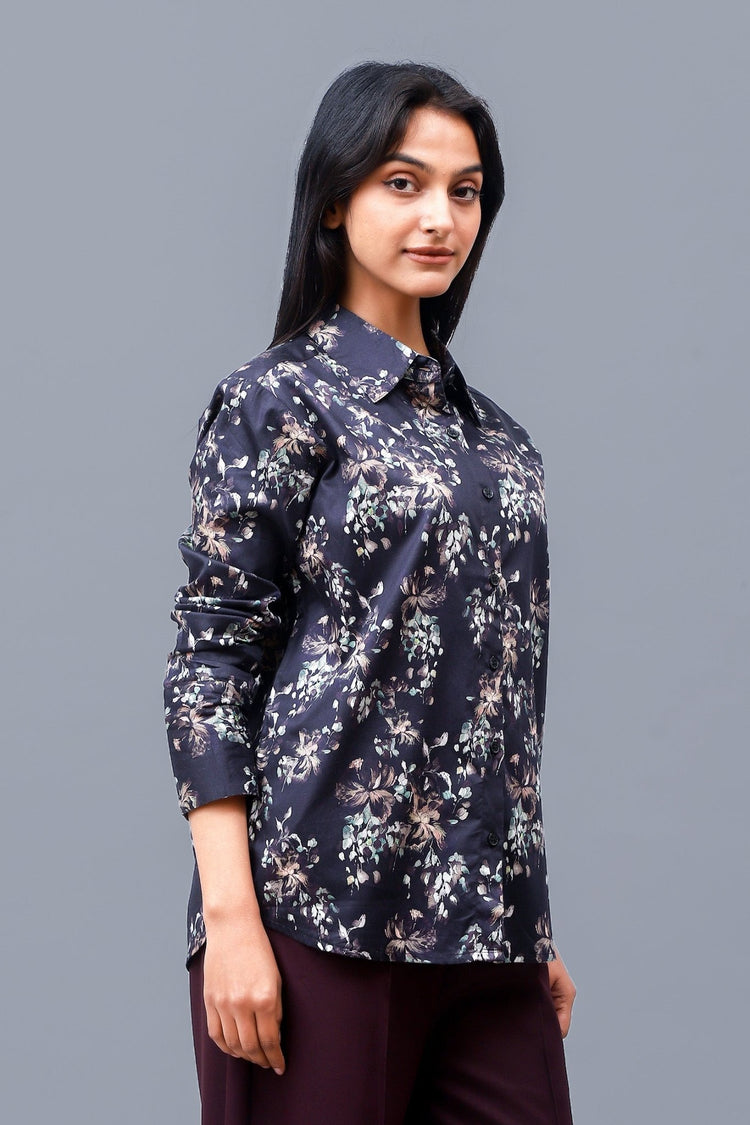 Bluebird Women's Black Floral Print Satin Shirt - Veshbhoshaa