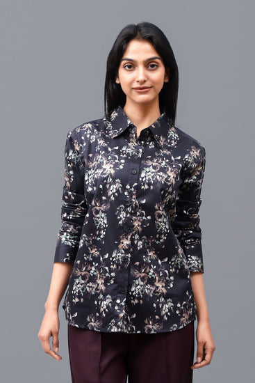 Bluebird Women's Black Floral Print Satin Shirt - Veshbhoshaa