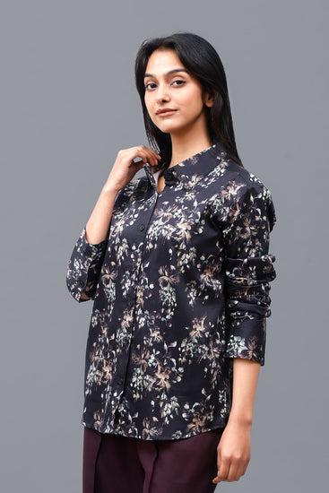 Bluebird Women's Black Floral Print Satin Shirt - Veshbhoshaa