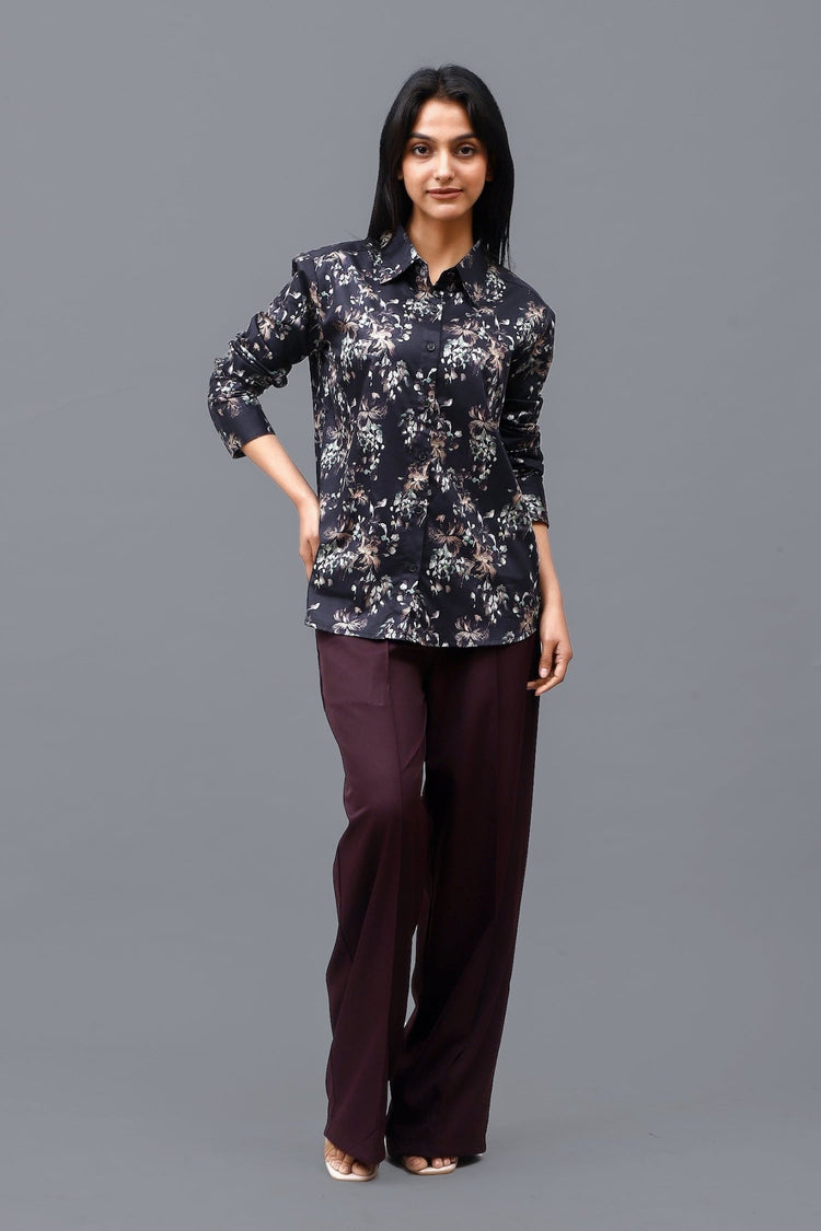 Bluebird Women's Black Floral Print Satin Shirt - Veshbhoshaa