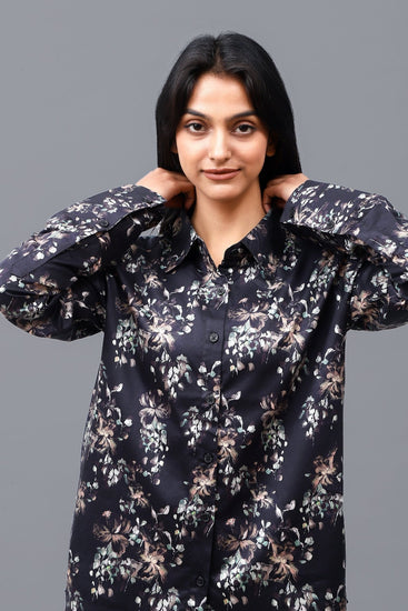 Bluebird Women's Black Floral Print Satin Shirt - Veshbhoshaa