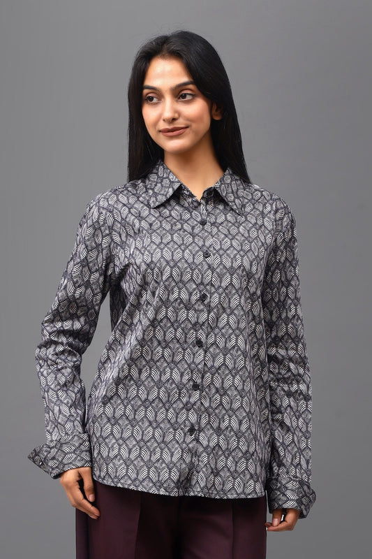 Bluebird Women's Black Geometric Printed Satin Shirt - Veshbhoshaa