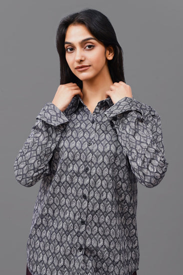 Bluebird Women's Black Geometric Printed Satin Shirt - Veshbhoshaa