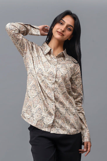 Bluebird Women's Brown Printed Satin Shirt - Veshbhoshaa