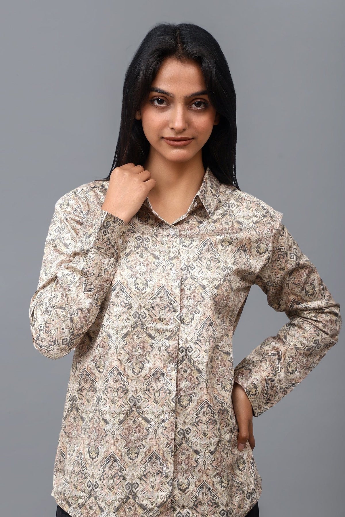 Bluebird Women's Brown Printed Satin Shirt - Veshbhoshaa