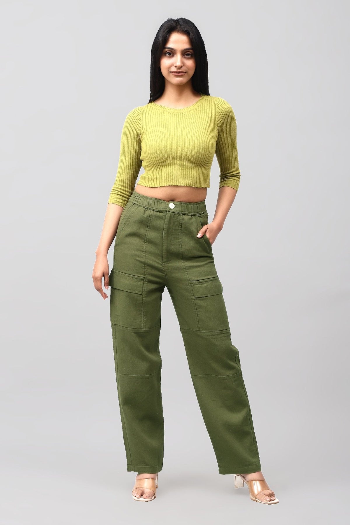 Bluebird Women's Cotton Cargo Pants – Modern Edge in Olive Green - Veshbhoshaa