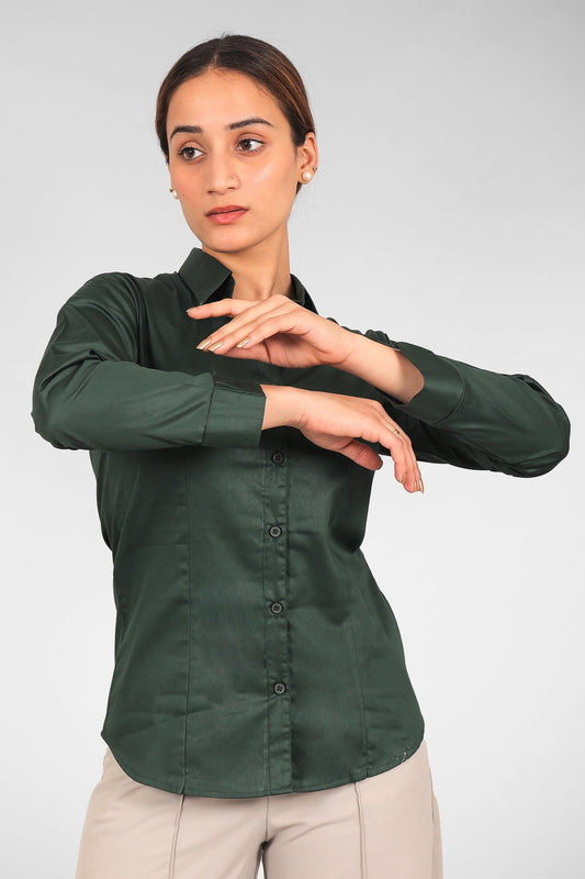 bluebird Women's Dark Green Satin Shirt - Veshbhoshaa