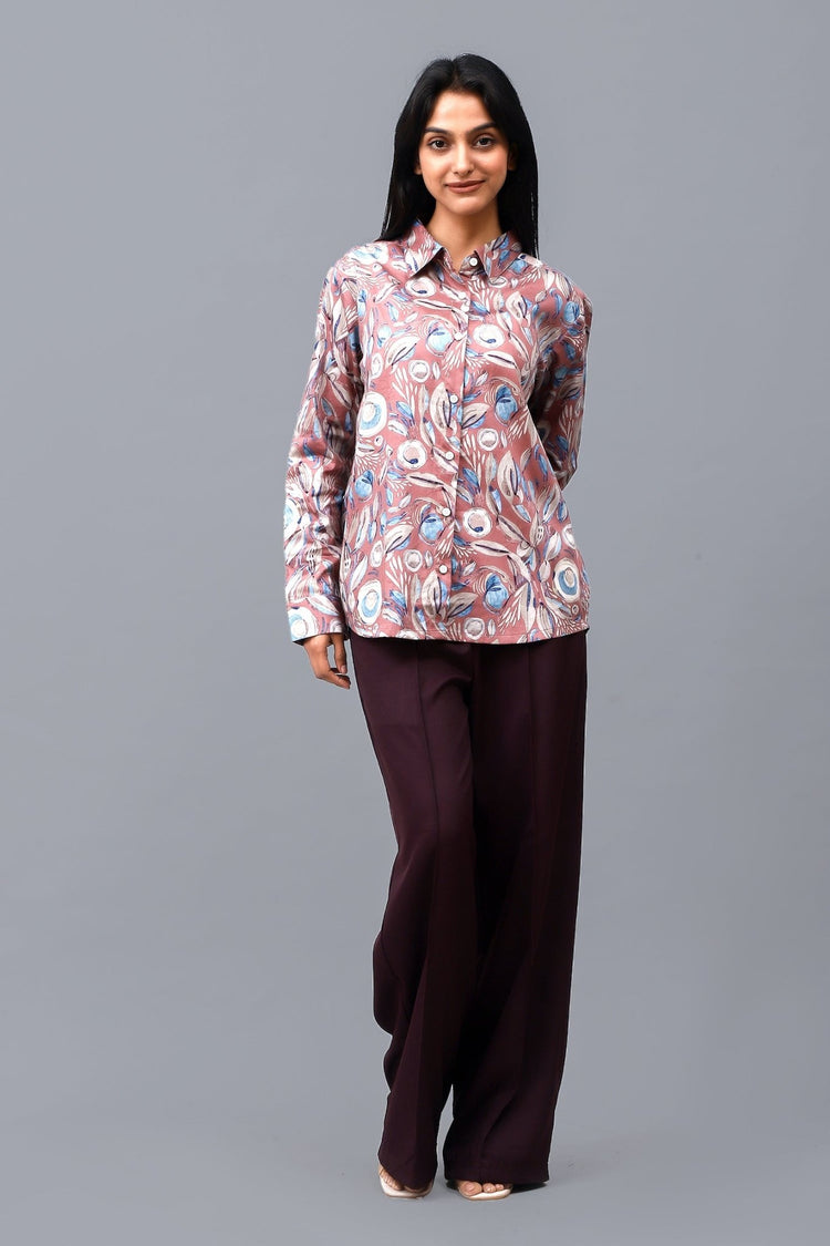 Bluebird Women's Peach Printed Satin Shirt - Veshbhoshaa