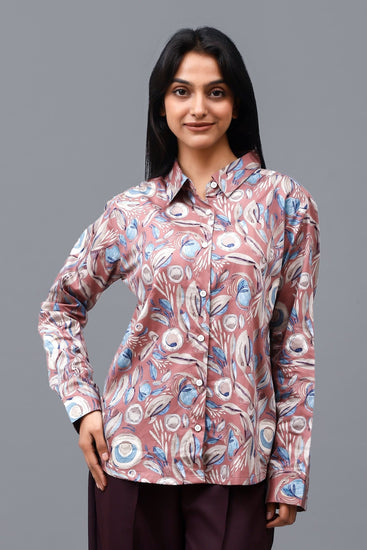 Bluebird Women's Peach Printed Satin Shirt - Veshbhoshaa