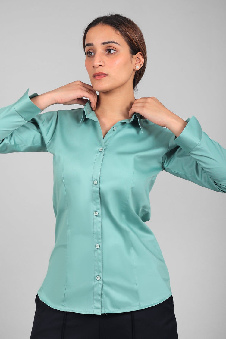 bluebird Women's Sea Green Satin Shirt - Veshbhoshaa