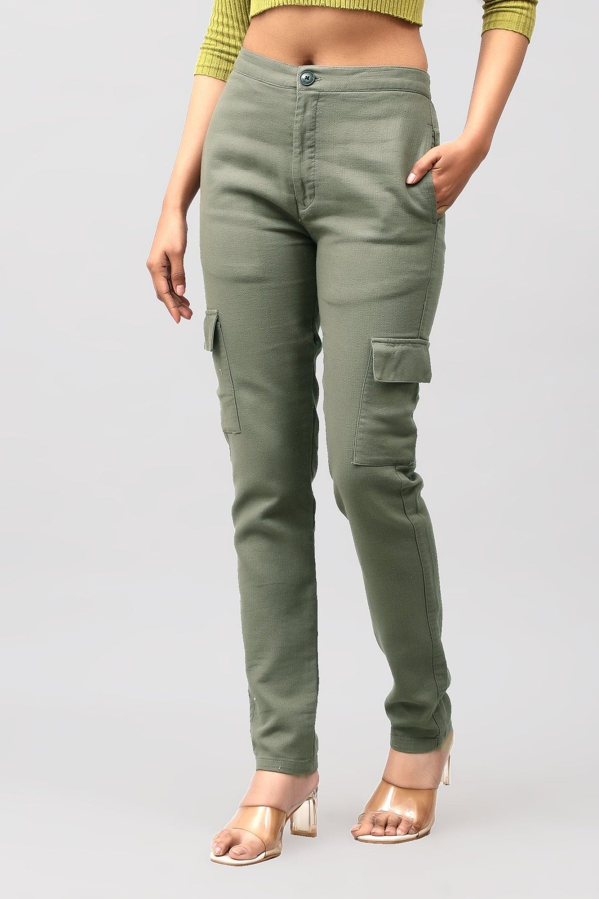 Bluebird Women's Slim Fit Cotton Cargo Pants Green - Veshbhoshaa